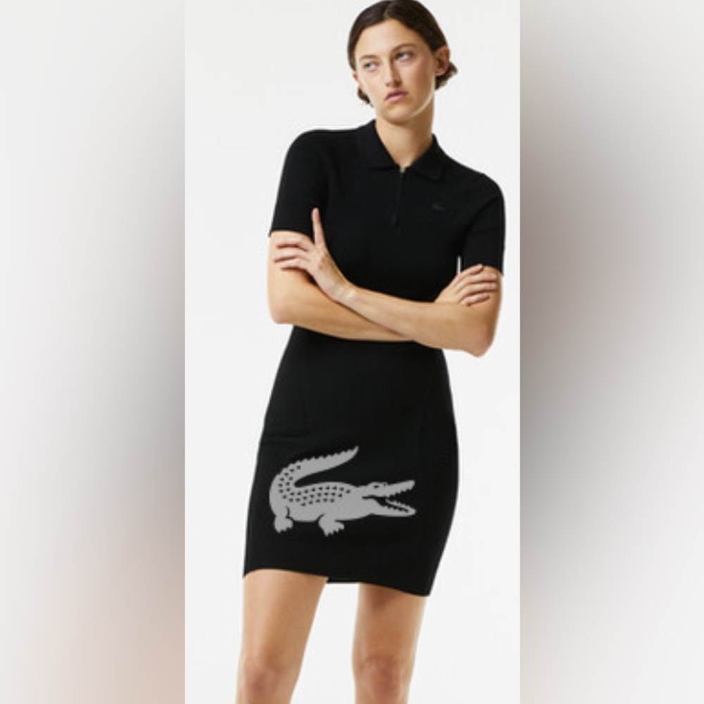Lacoste Short Sleeve Ribbed Black Sweater Polo Dress with Zipper